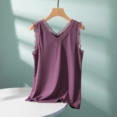 Rib Cotton Lace V-Neck Tank Top καλοκαιρινό γυναικείο καμίνι με κάτω καμιζόλα Plus size Streetwear μπλουζάκια αμάνικα all match