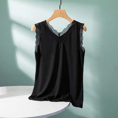 Rib Cotton Lace V-Neck Tank Top καλοκαιρινό γυναικείο καμίνι με κάτω καμιζόλα Plus size Streetwear μπλουζάκια αμάνικα all match
