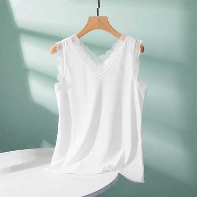 Rib Cotton Lace V-Neck Tank Top καλοκαιρινό γυναικείο καμίνι με κάτω καμιζόλα Plus size Streetwear μπλουζάκια αμάνικα all match