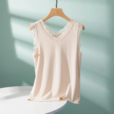 Rib Cotton Lace V-Neck Tank Top καλοκαιρινό γυναικείο καμίνι με κάτω καμιζόλα Plus size Streetwear μπλουζάκια αμάνικα all match