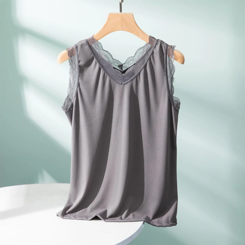 Rib Cotton Lace V-Neck Tank Top καλοκαιρινό γυναικείο καμίνι με κάτω καμιζόλα Plus size Streetwear μπλουζάκια αμάνικα all match