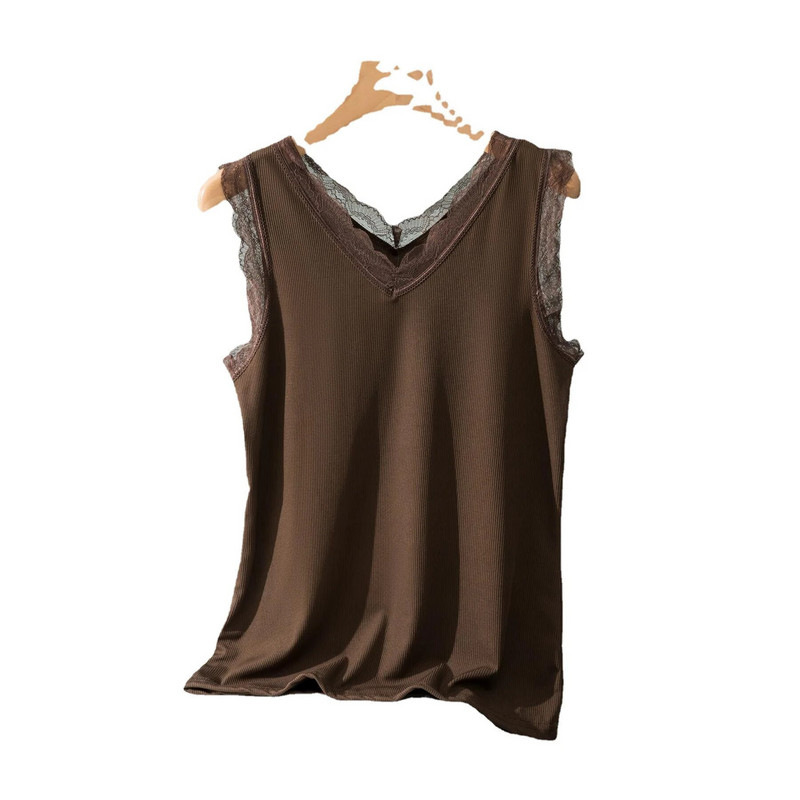 Rib Cotton Lace V-Neck Tank Top καλοκαιρινό γυναικείο καμίνι με κάτω καμιζόλα Plus size Streetwear μπλουζάκια αμάνικα all match