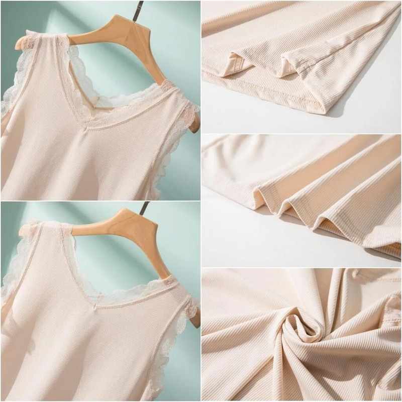 Rib Cotton Lace V-Neck Tank Top καλοκαιρινό γυναικείο καμίνι με κάτω καμιζόλα Plus size Streetwear μπλουζάκια αμάνικα all match