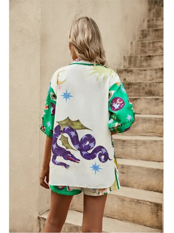 Įprasto rašto dviejų dalių rinkinys, skirtas moteriškiems vasarinių trumpų rankovių marškinių rinkiniai 2 dalių madingi laisvi 2 dalių komplektai, apranga Vasariniai šortai