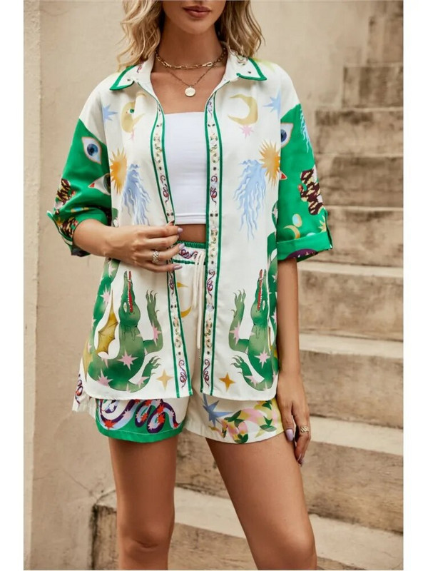 Įprasto rašto dviejų dalių rinkinys, skirtas moteriškiems vasarinių trumpų rankovių marškinių rinkiniai 2 dalių madingi laisvi 2 dalių komplektai, apranga Vasariniai šortai