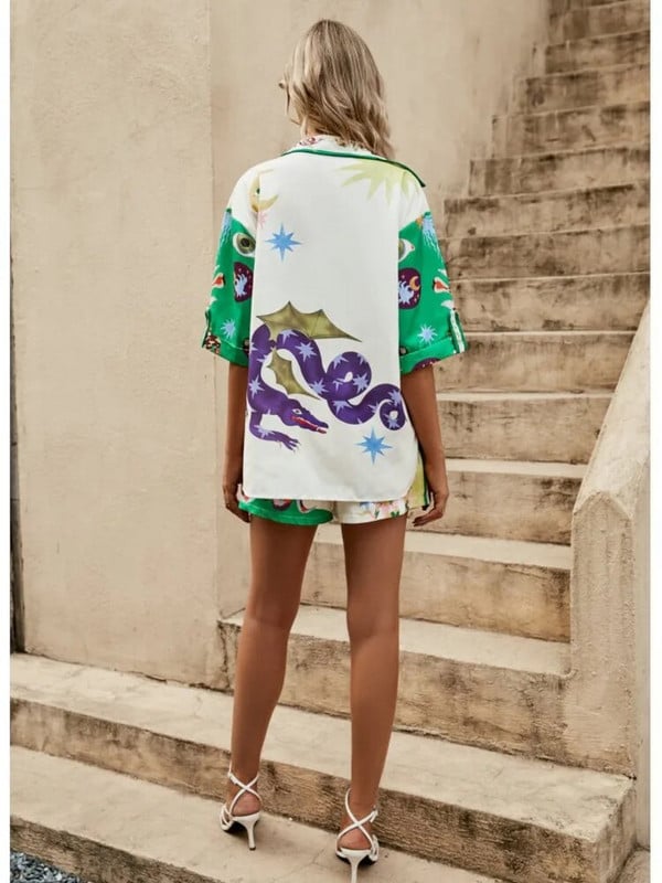 Įprasto rašto dviejų dalių rinkinys, skirtas moteriškiems vasarinių trumpų rankovių marškinių rinkiniai 2 dalių madingi laisvi 2 dalių komplektai, apranga Vasariniai šortai