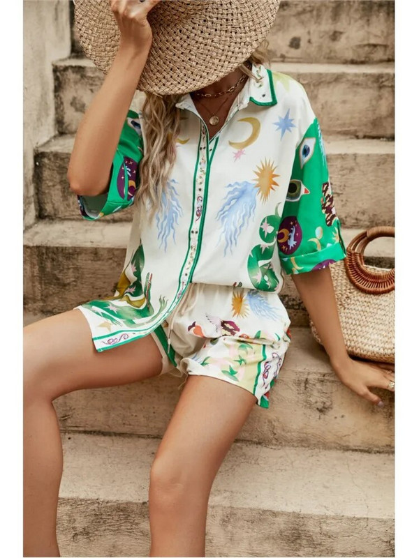Įprasto rašto dviejų dalių rinkinys, skirtas moteriškiems vasarinių trumpų rankovių marškinių rinkiniai 2 dalių madingi laisvi 2 dalių komplektai, apranga Vasariniai šortai