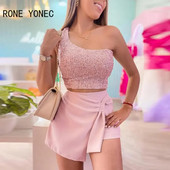 Γυναικεία στολή 2023 One Shoulder Sequin Crop Top & Skorts Σετ Γυναικεία Σετ δύο τεμαχίων
