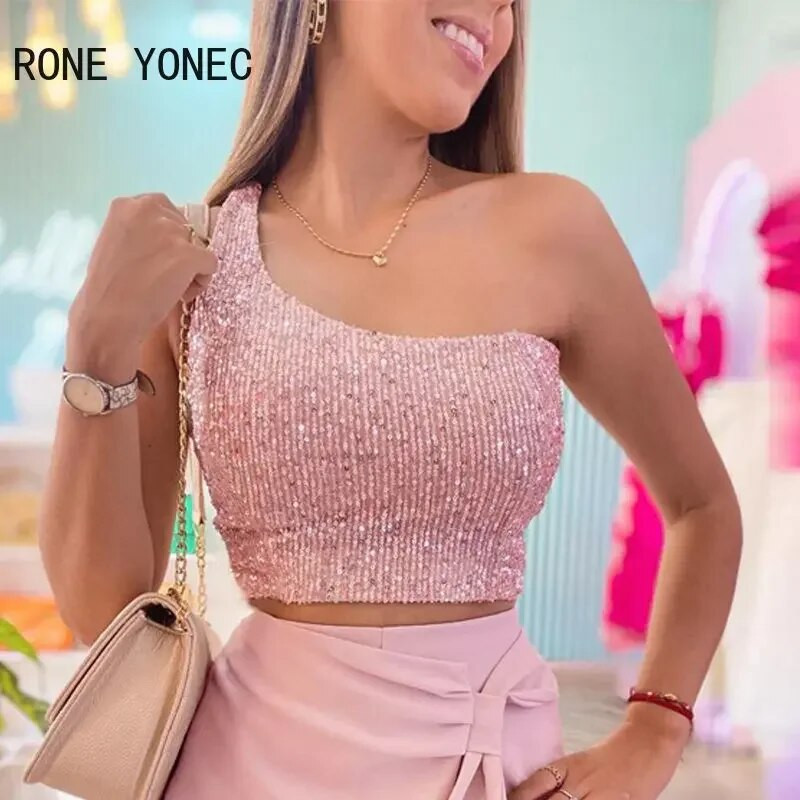 Γυναικεία στολή 2023 One Shoulder Sequin Crop Top & Skorts Σετ Γυναικεία Σετ δύο τεμαχίων