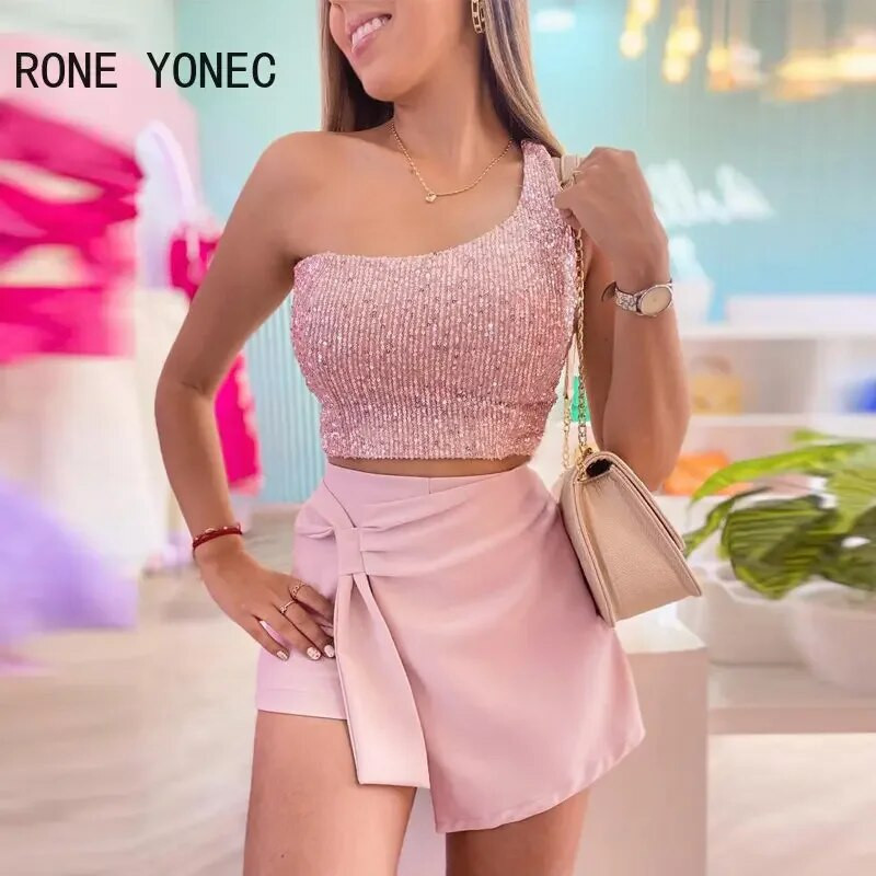 Γυναικεία στολή 2023 One Shoulder Sequin Crop Top & Skorts Σετ Γυναικεία Σετ δύο τεμαχίων