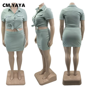 CM.YAYA Плюс размер Сафари стил Дамски комплект от два комплекта от 2 части Риза с къс ръкав с преден джоб и костюм с миди пола 2023 г. Комплект рокли