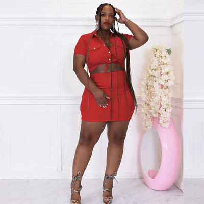 CM.YAYA didelio dydžio safari stiliaus moteriškas dviejų 2 dalių komplektas, priekinės kišenės trumpomis rankovėmis marškinėliai ir vidutinio dydžio sijono kostiumas, 2023 m. suknelių rinkinys