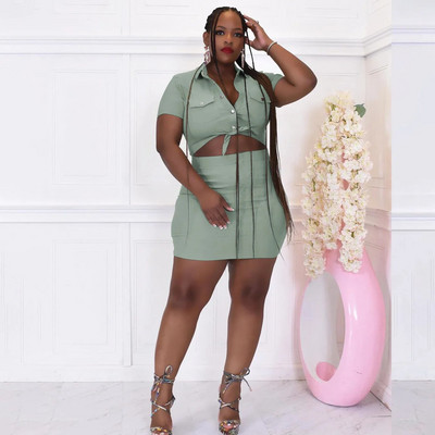 CM.YAYA didelio dydžio safari stiliaus moteriškas dviejų 2 dalių komplektas, priekinės kišenės trumpomis rankovėmis marškinėliai ir vidutinio dydžio sijono kostiumas, 2023 m. suknelių rinkinys