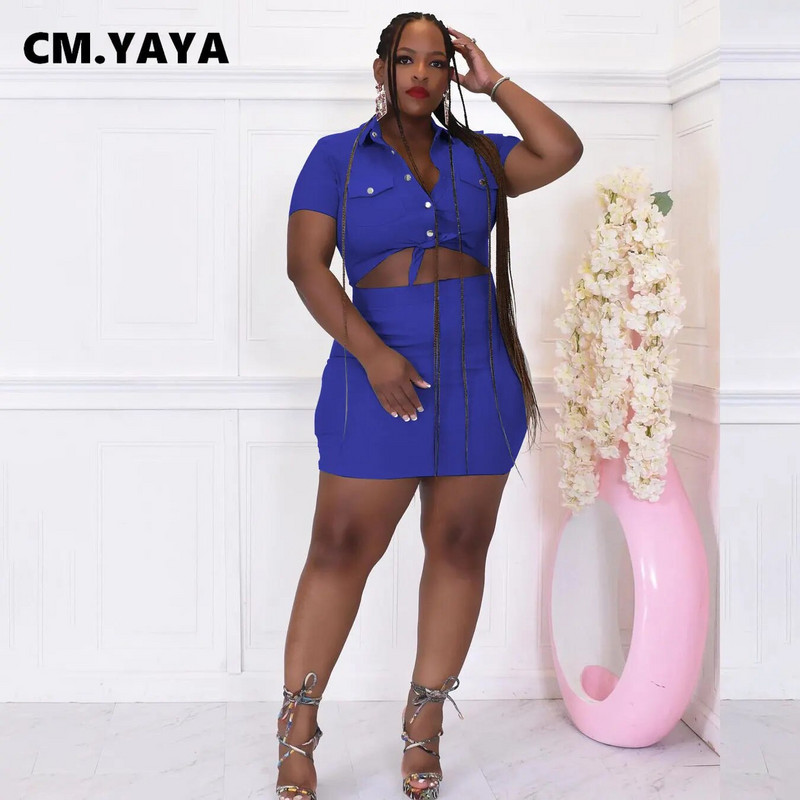 CM.YAYA didelio dydžio safari stiliaus moteriškas dviejų 2 dalių komplektas, priekinės kišenės trumpomis rankovėmis marškinėliai ir vidutinio dydžio sijono kostiumas, 2023 m. suknelių rinkinys