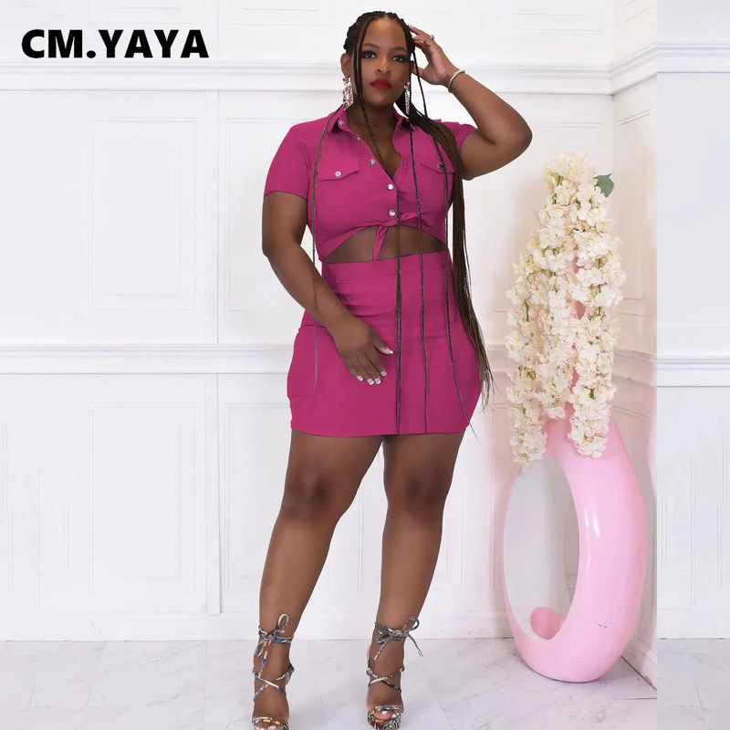 CM.YAYA didelio dydžio safari stiliaus moteriškas dviejų 2 dalių komplektas, priekinės kišenės trumpomis rankovėmis marškinėliai ir vidutinio dydžio sijono kostiumas, 2023 m. suknelių rinkinys