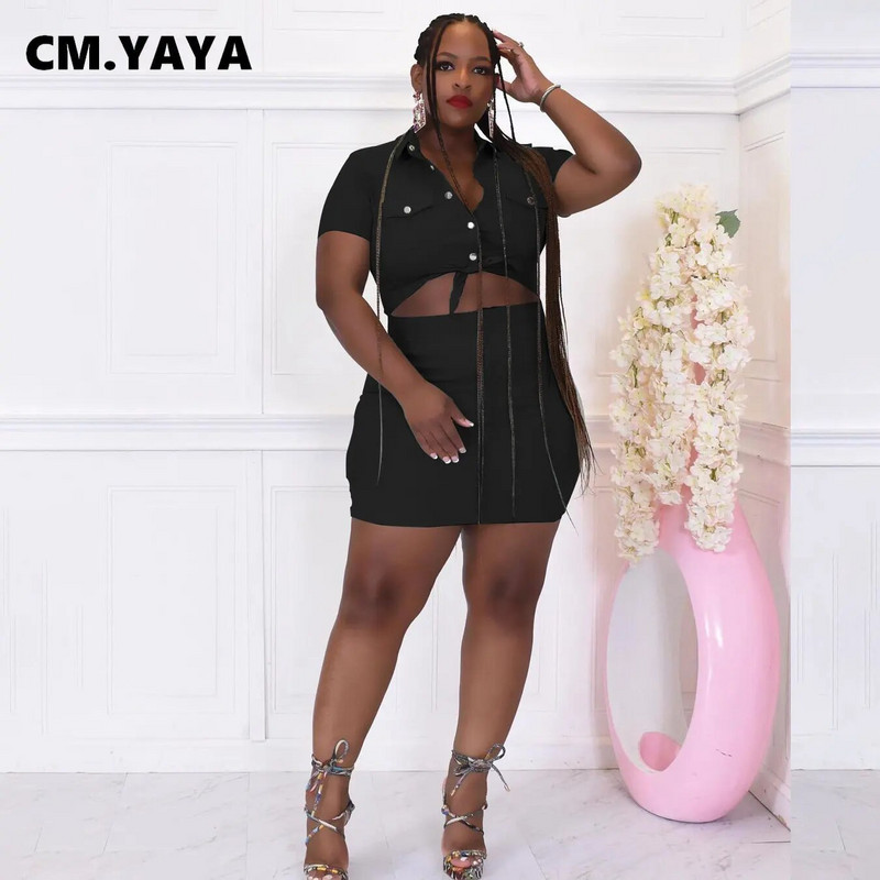 CM.YAYA didelio dydžio safari stiliaus moteriškas dviejų 2 dalių komplektas, priekinės kišenės trumpomis rankovėmis marškinėliai ir vidutinio dydžio sijono kostiumas, 2023 m. suknelių rinkinys