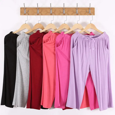 Летни ежедневни панталони с шнур за жени Уютни домашни спални дрехи Дишащи меки памучни едноцветни големи размери Нощен сън