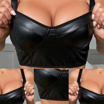 Γυναικείο σέξι Wet look Δερμάτινο σουτιέν λουράκι με βαθύ λαιμόκοψη V-λαιμόκοψη Crop tops Clubwear μασίφ μαύρα μπλουζάκια για γυναικεία ρούχα