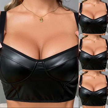 Γυναικείο σέξι Wet look Δερμάτινο σουτιέν λουράκι με βαθύ λαιμόκοψη V-λαιμόκοψη Crop tops Clubwear μασίφ μαύρα μπλουζάκια για γυναικεία ρούχα