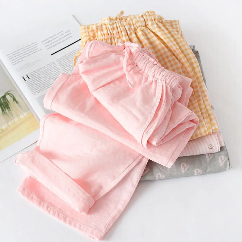 Proljetne i ljetne kućne hlače za parove Ženske pamučne dvostruke gaze Tanke hlače za spavanje Donji dio ležernih pidžama s printom