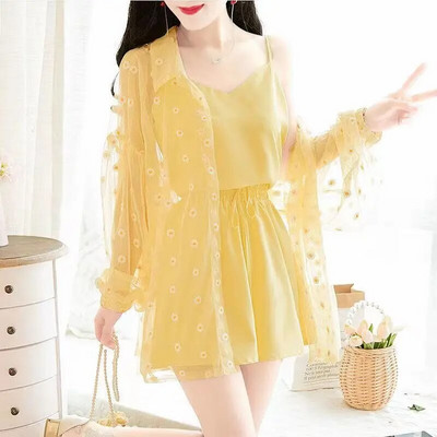 Γυναικεία σετ 3 τεμαχίων Καλοκαιρινά γλυκά κοριτσίστικα σετ μαλακά, αντιηλιακά, λουλουδάτα, κομψά, σέξι γυναικεία τοπ ψηλόμεσα σορτς με κορδόνια