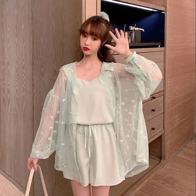 Γυναικεία σετ 3 τεμαχίων Καλοκαιρινά γλυκά κοριτσίστικα σετ μαλακά, αντιηλιακά, λουλουδάτα, κομψά, σέξι γυναικεία τοπ ψηλόμεσα σορτς με κορδόνια