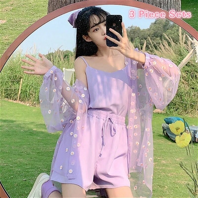 Γυναικεία σετ 3 τεμαχίων Καλοκαιρινά γλυκά κοριτσίστικα σετ μαλακά, αντιηλιακά, λουλουδάτα, κομψά, σέξι γυναικεία τοπ ψηλόμεσα σορτς με κορδόνια