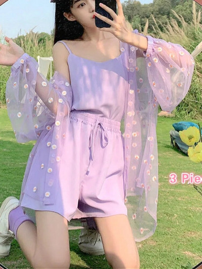 Дамски комплекти от 3 части Summer Sweet Girls Set Soft Sun-proof Floral Ins Outwear Chic Lady Sexy Crop Top Шорти с шнур с висока талия