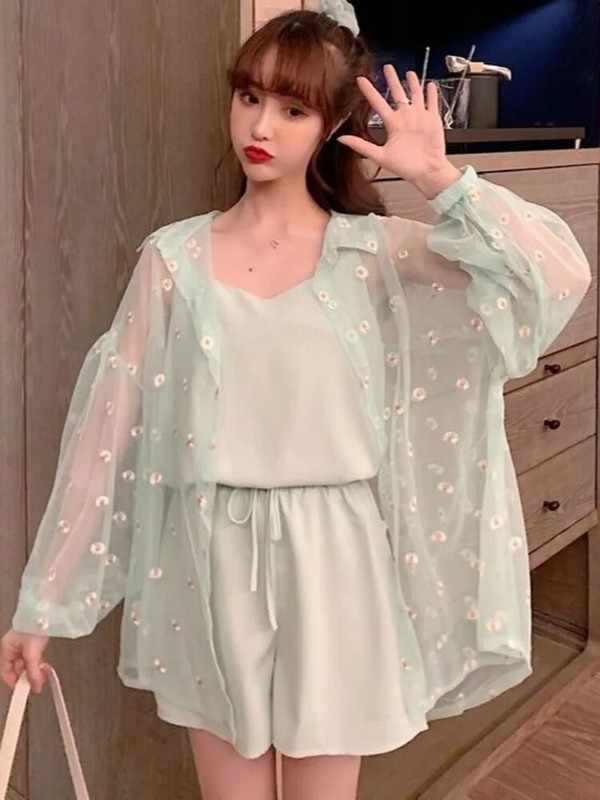 Γυναικεία σετ 3 τεμαχίων Καλοκαιρινά γλυκά κοριτσίστικα σετ μαλακά, αντιηλιακά, λουλουδάτα, κομψά, σέξι γυναικεία τοπ ψηλόμεσα σορτς με κορδόνια