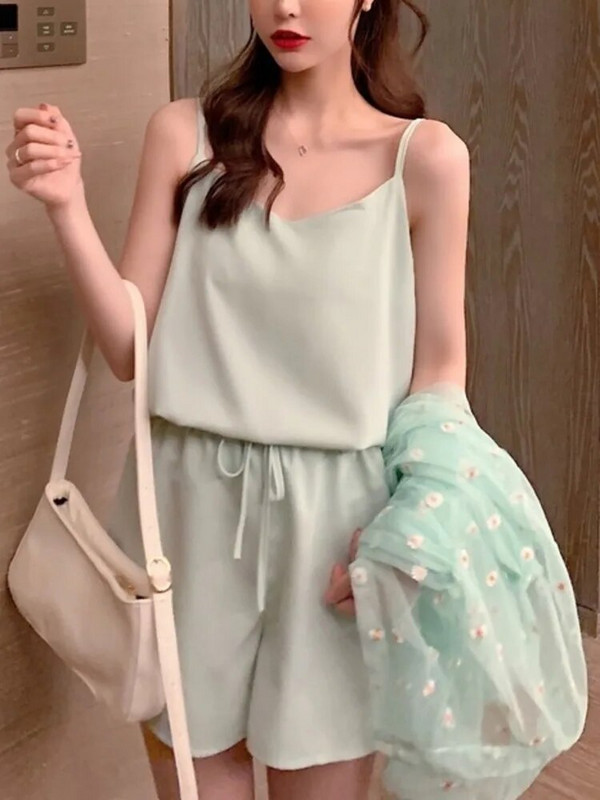 Γυναικεία σετ 3 τεμαχίων Καλοκαιρινά γλυκά κοριτσίστικα σετ μαλακά, αντιηλιακά, λουλουδάτα, κομψά, σέξι γυναικεία τοπ ψηλόμεσα σορτς με κορδόνια