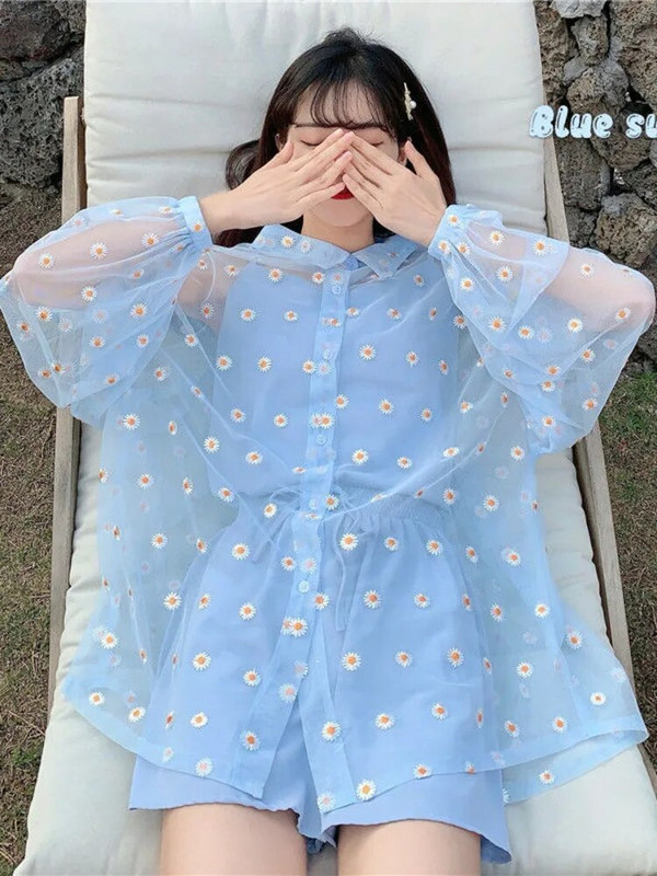 Γυναικεία σετ 3 τεμαχίων Καλοκαιρινά γλυκά κοριτσίστικα σετ μαλακά, αντιηλιακά, λουλουδάτα, κομψά, σέξι γυναικεία τοπ ψηλόμεσα σορτς με κορδόνια