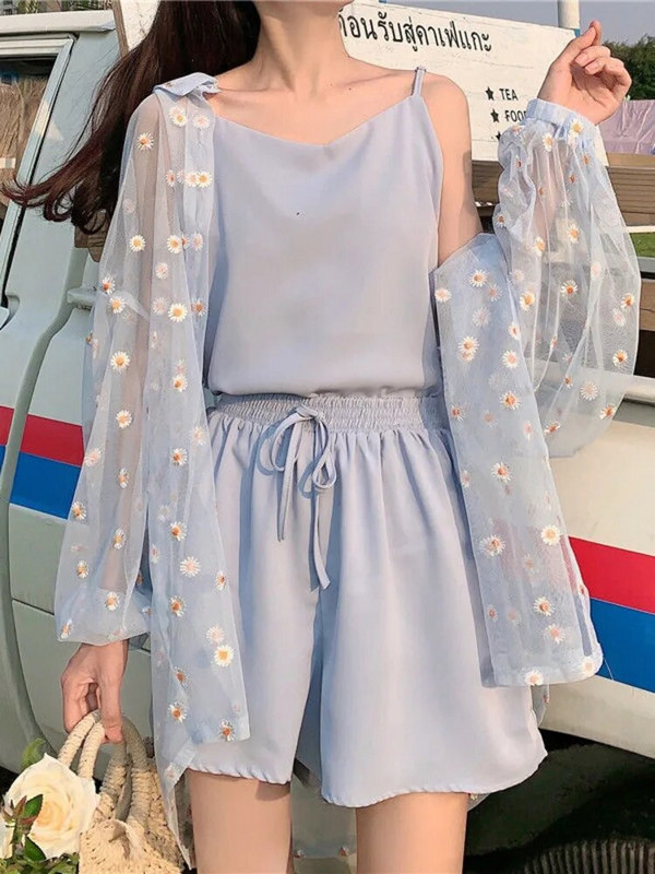 Γυναικεία σετ 3 τεμαχίων Καλοκαιρινά γλυκά κοριτσίστικα σετ μαλακά, αντιηλιακά, λουλουδάτα, κομψά, σέξι γυναικεία τοπ ψηλόμεσα σορτς με κορδόνια