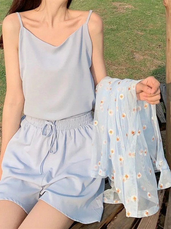 Γυναικεία σετ 3 τεμαχίων Καλοκαιρινά γλυκά κοριτσίστικα σετ μαλακά, αντιηλιακά, λουλουδάτα, κομψά, σέξι γυναικεία τοπ ψηλόμεσα σορτς με κορδόνια
