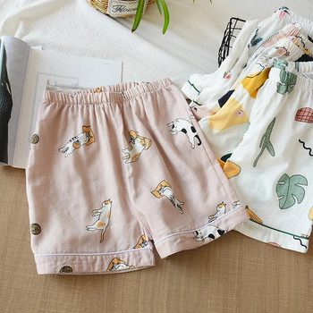 НОВИ Дамски къси пижами от 100% памучна марля, Дамски долнища с щампа с анимационни мотиви, Тънки, свободни лаундж облекла, летни домашни панталони