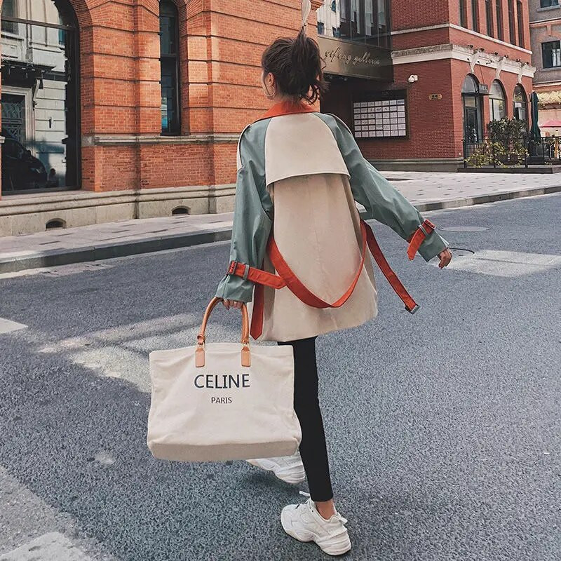 Ležerni trenčkot Ženski Kawaii Ins 3XL Streetwear Leisure Patchwork A-kroj remen High Street ženski šik kaput u europskom stilu