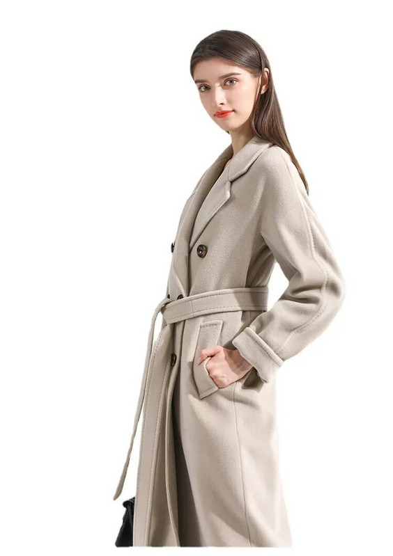 2023. Camel dvostruki kaput s dvostranim kašmirom, ženski vuneni kaput srednje dužine, moderan ženski kardigan, debeli trenč