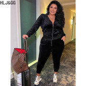 HLJ&GG Didelio dydžio moteriški dviejų dalių komplektai Laisvalaikio aksomo užtrauktuku ilgomis rankovėmis su gobtuvu ir siauromis kelnių apranga, moteriška 2 vnt.