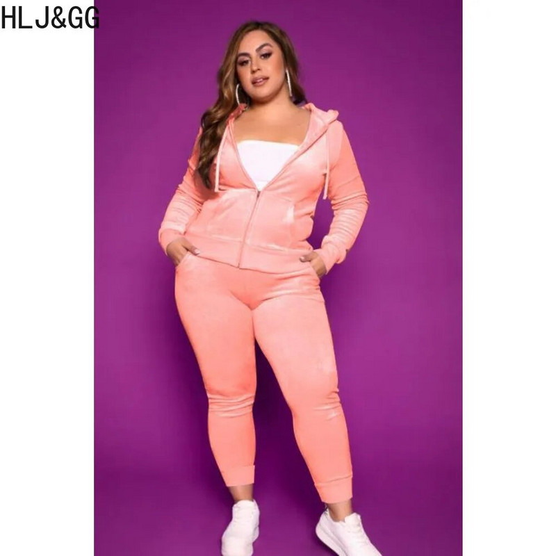 HLJ&GG Didelio dydžio moteriški dviejų dalių komplektai Laisvalaikio aksomo užtrauktuku ilgomis rankovėmis su gobtuvu ir siauromis kelnių apranga, moteriška 2 vnt.