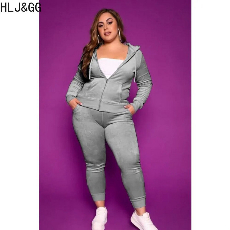 HLJ&GG Didelio dydžio moteriški dviejų dalių komplektai Laisvalaikio aksomo užtrauktuku ilgomis rankovėmis su gobtuvu ir siauromis kelnių apranga, moteriška 2 vnt.