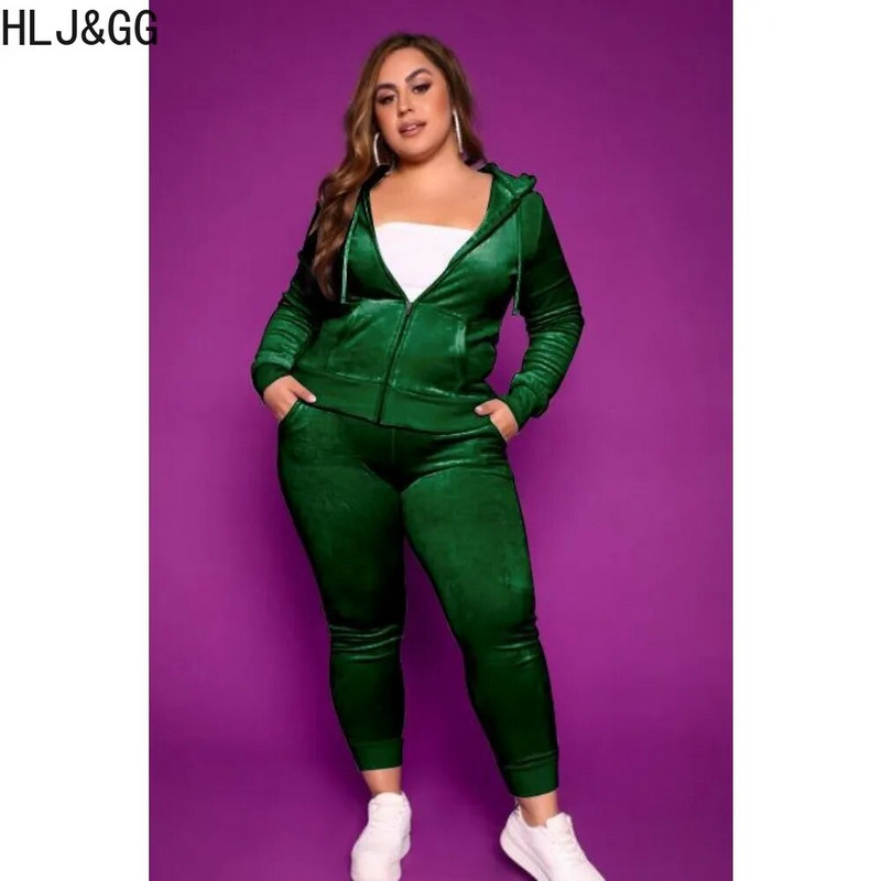 HLJ&GG Didelio dydžio moteriški dviejų dalių komplektai Laisvalaikio aksomo užtrauktuku ilgomis rankovėmis su gobtuvu ir siauromis kelnių apranga, moteriška 2 vnt.