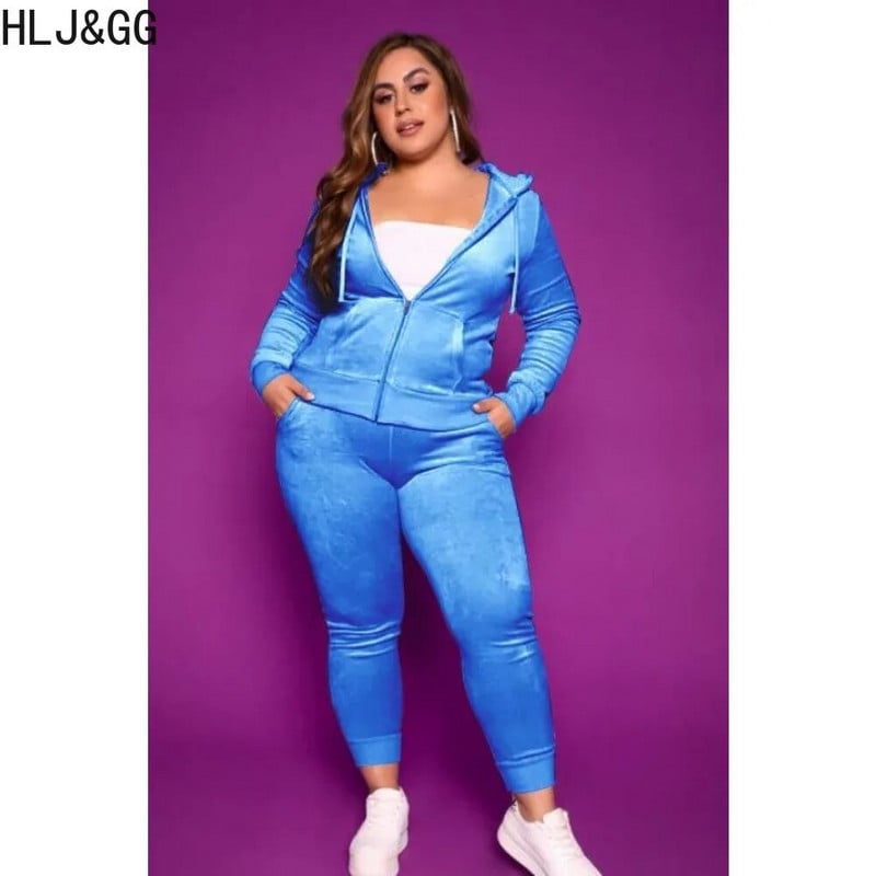 HLJ&GG Didelio dydžio moteriški dviejų dalių komplektai Laisvalaikio aksomo užtrauktuku ilgomis rankovėmis su gobtuvu ir siauromis kelnių apranga, moteriška 2 vnt.