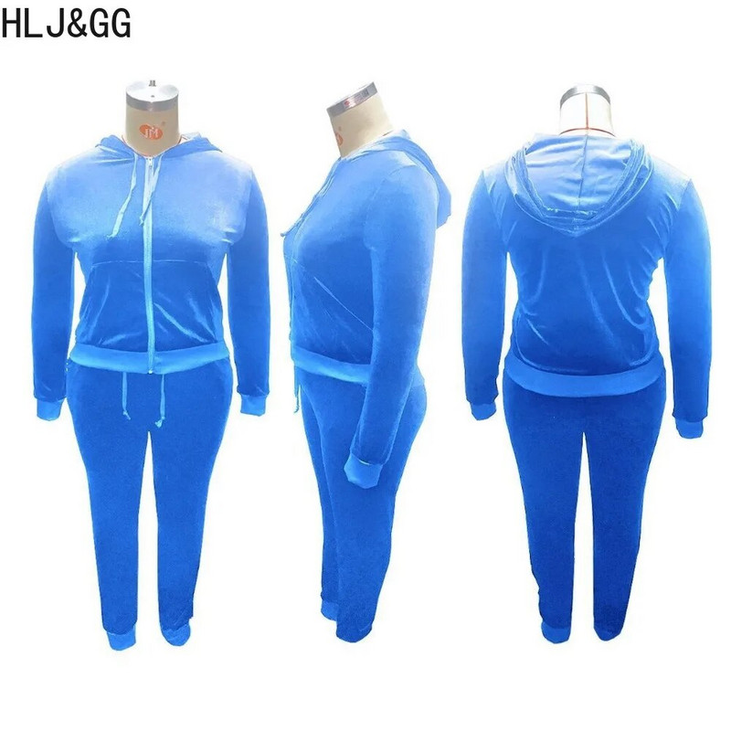 HLJ&GG Didelio dydžio moteriški dviejų dalių komplektai Laisvalaikio aksomo užtrauktuku ilgomis rankovėmis su gobtuvu ir siauromis kelnių apranga, moteriška 2 vnt.