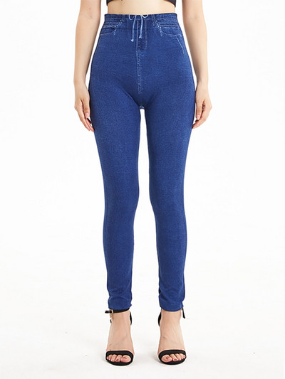 INDJXND Blugi falși cu imprimeu de buzunar, elastici, cu flori, pantaloni creion din denim, talie înaltă, pantaloni casual jegging pentru femei