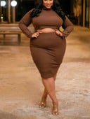 LW Plus Size Σετ με στρογγυλή λαιμόκοψη Crop Top Rib Knit Skin Slim Fit Απλό 2 τμχ Σετ ασορτί φορέματα Σετ Crew Neck Bare Waist Top & φούστα