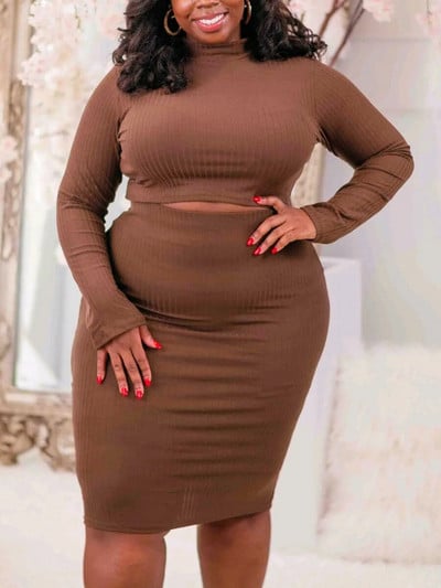 LW Plus Size Σετ με στρογγυλή λαιμόκοψη Crop Top Rib Knit Skin Slim Fit Απλό 2 τμχ Σετ ασορτί φορέματα Σετ Crew Neck Bare Waist Top & φούστα