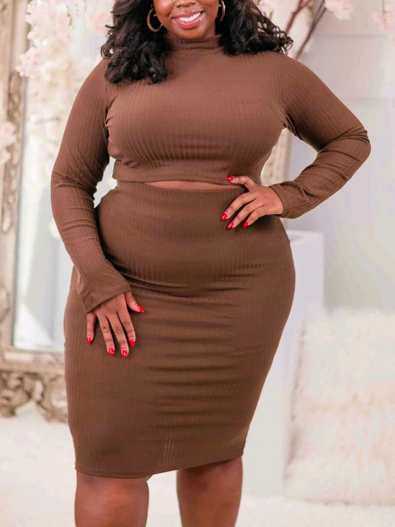 LW Plus Size Σετ με στρογγυλή λαιμόκοψη Crop Top Rib Knit Skin Slim Fit Απλό 2 τμχ Σετ ασορτί φορέματα Σετ Crew Neck Bare Waist Top & φούστα