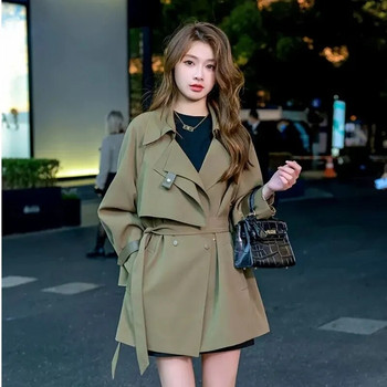 2023 Пролет Есен Тренчкот със средна дължина Дамско модно яке Frenulum с тънка лента на талията Военно зелено ветрозащитно женско яке