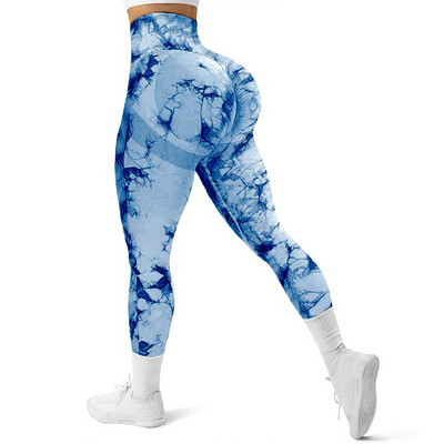 Colanți fără cusături Tie Dye pentru femei, cu uscare rapidă, scrunch fund, sport, dresuri de fitness, pantaloni de yoga cu talie înaltă, piersici, ridicați șolduri