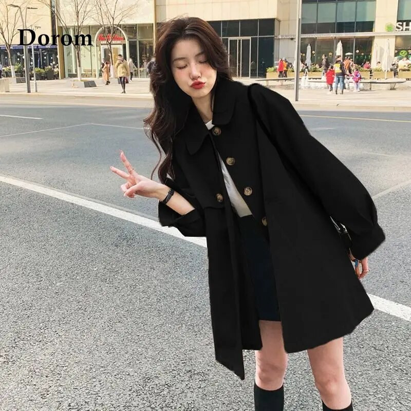 Vintažinis žalias paltas, moteriškas rudens korėjietis Peteris Pan apykaklė Žibinto rankovė Laisva Klasikinė Vėjo striukė, Moteriškas laisvalaikio viršus