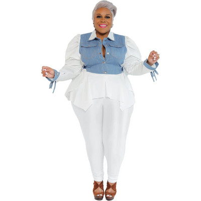 Nagy méretű farmer passzoló szett női Jean Patchwork Crop felső női téli ceruzanadrág női elegáns felszerelés, kétrészes nadrág szett